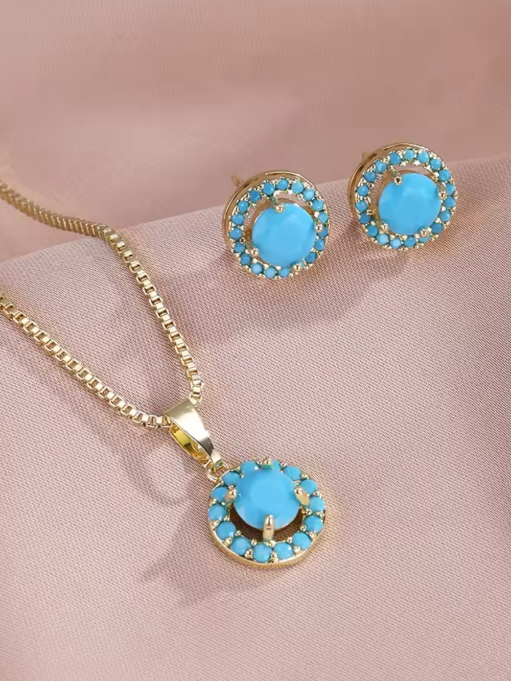 Gold-Tone Turquoise Round Pendant Necklace & Stud Earrings Set